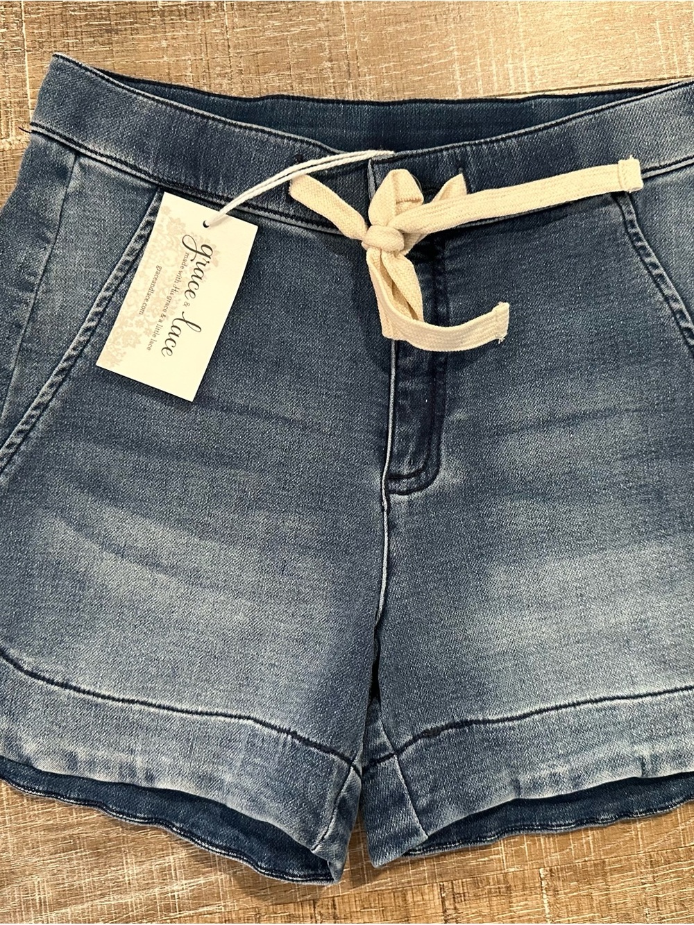 Grace & Lace Washed Blue Denim Tie-Waist Shorts